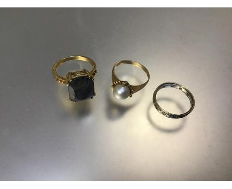 A silver gold plated labrodite style cushion cut ring (S/T), a yellow metal pearl set ring, marks rubbed (R/Q) and a yellow a