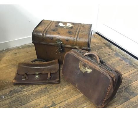 A 19thc tin dome top miniature trunk with twin handles to side (37cm x 53cm x 34cm), a Gladstone style two section leather ba