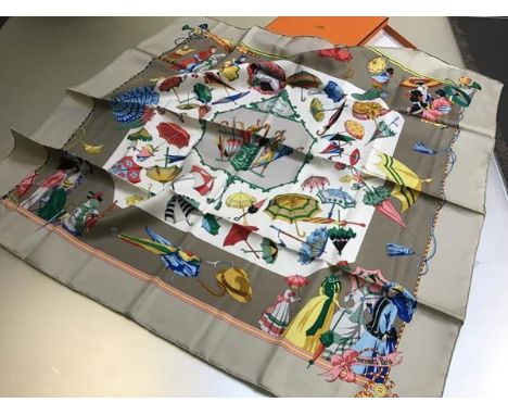 A silk scarf by Hermes, Paris, Umbrelles et Parapluies, by H. de Watrigant, in original box (90cm x 90cm)
