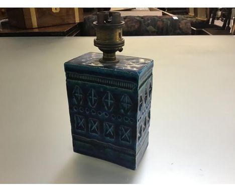 An Italian glazed 1960s turquoise glazed and incised pottery brick shaped lamp base (h.12cm x 8cm x 5cm)