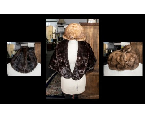 Dark Brown Vintage Mink Cape fully lined in brown sateen fabric, together with three mink hats, one dark brown, one golden mi