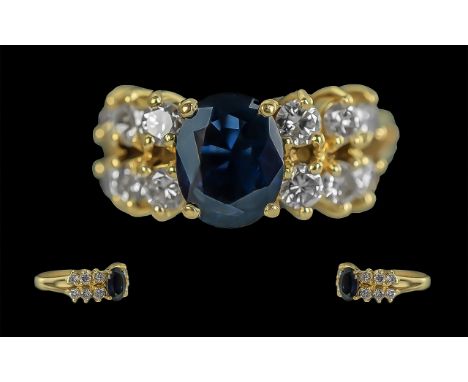 Ladies - Contemporary 18ct Gold - Pleasing Quality Diamond and Sapphire Set Ring. Full Hallmark for 750 - 18ct to Interior of