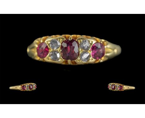 Antique Period - Attractive 18ct Gold Ruby and Diamond Set Ring, Gallery Setting. Full Hallmark for Birmingham 1896, Rubies o