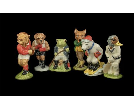 Six Beswick The Sporting Character Collection, comprising duck cricketer 'Out for a Duck', boxing dog 'Its a knockout', fox g