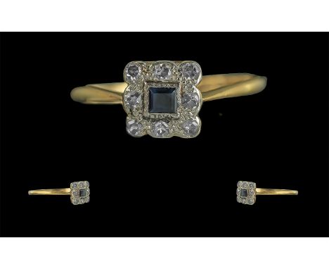 Edwardian Period 1902 - 1910 18ct Gold and Platinum Exquisite Diamond and Sapphire Set Ring, of Square Form. Marked 18ct and 