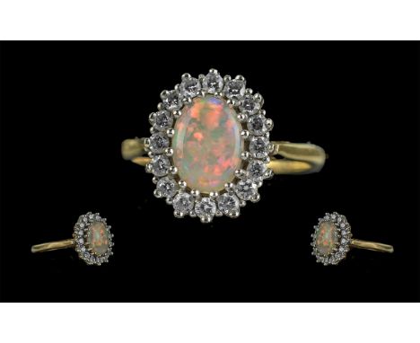 Ladies - 18ct Gold Excellent Quality Opal and Diamond Set Dress Ring, Good Setting. Full Hallmark to Interior of Shank. The C