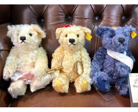 Three Steiff Teddy Bears, comprising Monday's Bear, plush cream wool with brush and mirror, 9.5'' tall, Tuesday's Bear. 9.5''