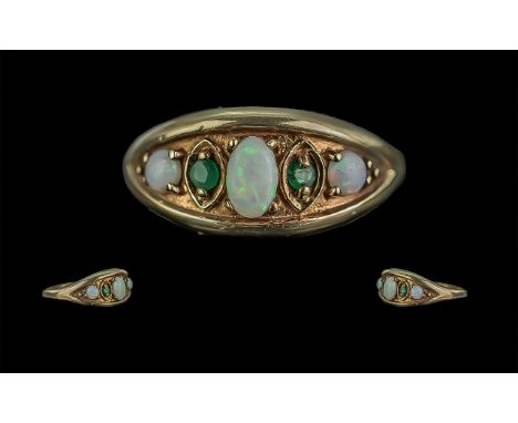 Antique Period - 9ct Gold Attractive Opal and Emerald Set Ring. Full Hallmark to Shank, Opals of Good Colour. Ring Size O. We