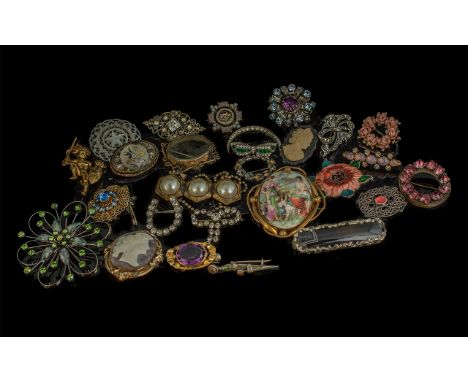 Collection of Antique to Vintage Brooches. Good Mixed Lot of Brooches, Cameos, Stone Set etc. 