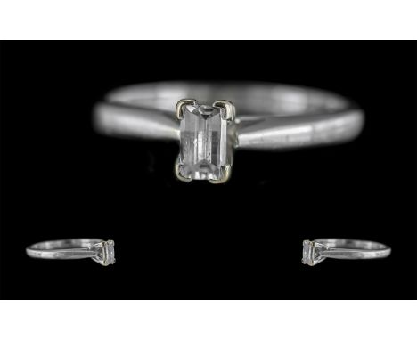 18ct White Gold Good Quality Single Stone Diamond Set Ring, Full Hallmark to Shank, The Emerald Cut Diamond of Excellent Colo