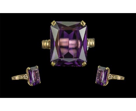 18ct Gold Pleasing Quality Single Stone Amethyst Statement Set Ring. Marked 18ct to Shank. The Large Step-cut Amethyst of Exc