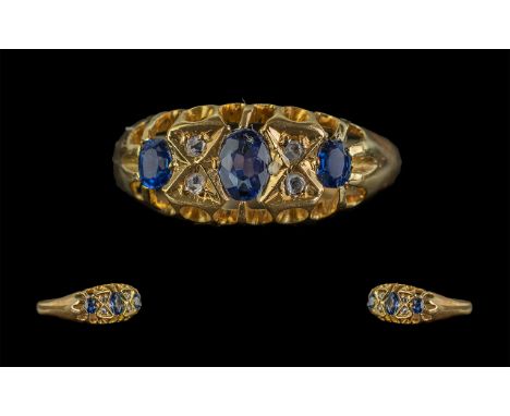 18ct Gold Attractive Blue Sapphire and Diamond Set RIng, Gallery Setting. Hallmark Birmingham 1918, Full Hallmark to Shank. T