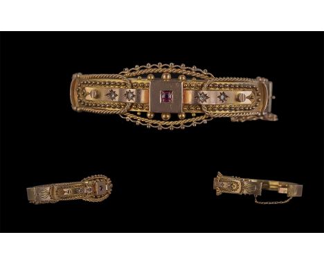 Antique Period Attractive 9ct Gold Ruby and Diamond Set Ornate Hinged Bangle, marked 9ct, weight 13.2g, overall good conditio
