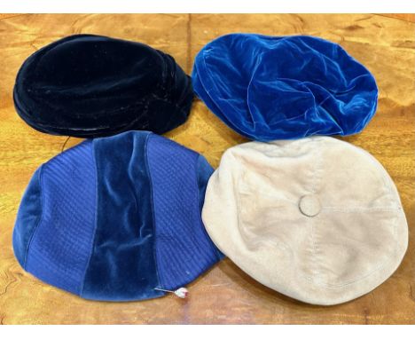 Four Ladies Vintage Hats, comprising a Dolores navy velvet beret with hat pin, a Jacoll beige beret, an F. M. blue velvet ber