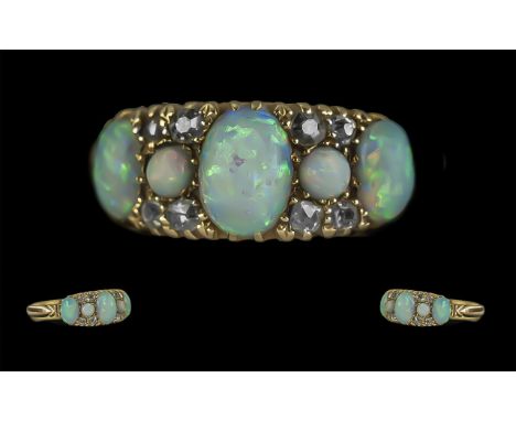 Antique Period - Attractive 18ct Gold Opal and Diamond Set Ring, Gallery Setting, c.1890's. Full Hallmark to Shank. The Opals