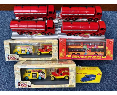 Die Cast Models including four Dinky Supertoys Leyland Tankers, Corgi Citybus, Dinky Toy Trojan Van, and two Lledo Beano 65 Y