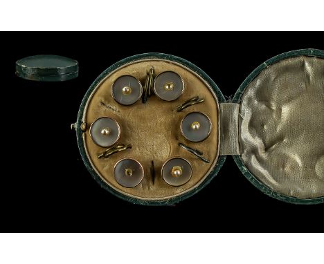 Good Set of Six Edwardian Boxed Cufflinks/Button, mounted with mother of pearl shell and seed pearls.
