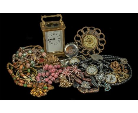 Box of Vintage Costume Jewellery, comprising beads, brooches, chains, earrings, Famous Grouse spirit measures, small clock, a