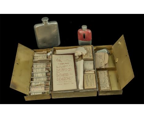 Metal Vintage First Aid Box, full contents, together with two hip flasks, measuring 5'' and 3.5''.