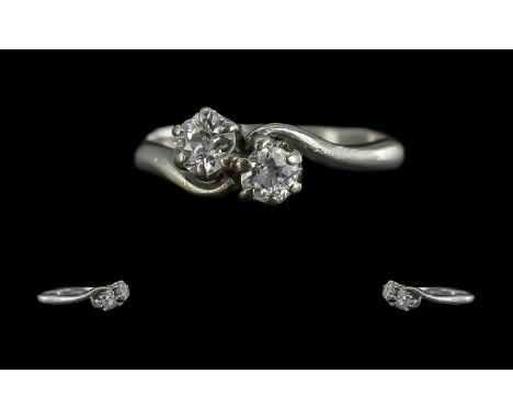 18ct Gold - Attractive Two Stone Diamond Set Ring. Marked 18ct to Shank. The Two Round Faceted Diamonds of Good Colour / Clar