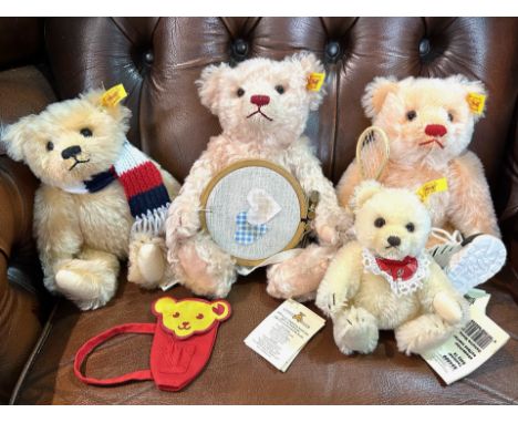 Four Steiff Teddy Bears, comprising Mother Bear, plush pink wool with embroidery set, 9.5'' tall, Teddy Bear Girl with traine