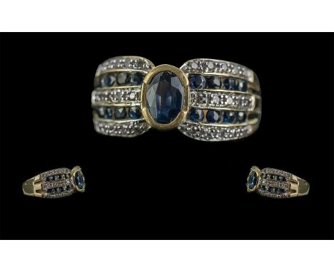 Ladies Excellent / Attractive 9ct Gold Sapphire and Diamond Set Dress Ring, Full Hallmark to Shank. The Sapphires of Good Col