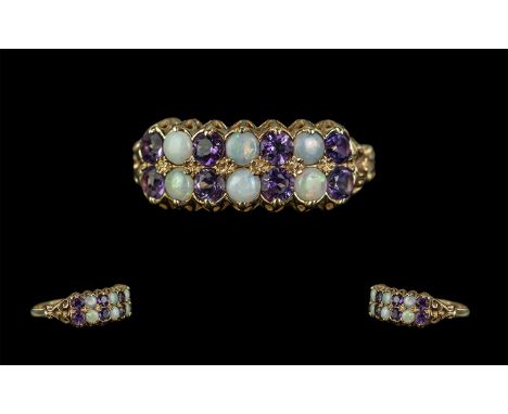 Ladies Attractive 9ct Gold Opal and Amethyst Set Ring with an excellent setting and full hallmark to shank, the opals and ame