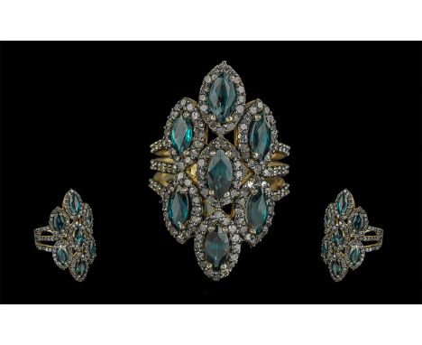 Large Edwardian Style Silver Gilt Ring set with marquise-cut Sapphires and rose-cut Diamonds. Sapphires 4.15 ct. Diamonds 1.7