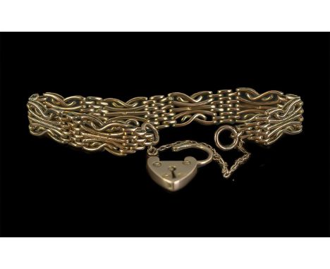 Ladies - Excellent and Superior 9ct Gold Ornate Gate Bracelet with Heart Shaped Padlock, Full Hallmark for 9ct, Excellent Des