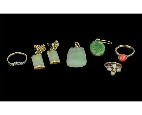 Mixed Lot of Jewellery, to include a 9ct gold coral ring, a 9ct gold gem set wishbone ring, an opal and diamond ring, unmarke