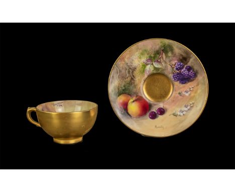 Royal Worcester Signed and Hand Painted Small Cup and Saucer ' Fruits ' Stillife, Signed W.H.Austin, Date 1902. Size 2 Inches