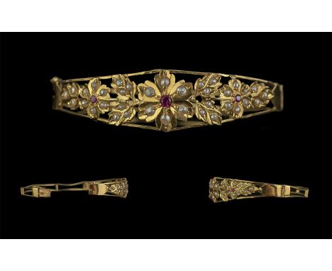 18ct Gold Attractive Ruby and Seed Pearl Set Hinged Bangle, ' Flower head ' Design, Not Marked but Tests High Ct Gold, Rubies
