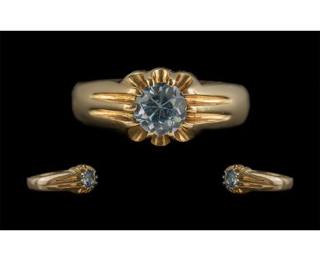 9ct Gold Pleasing Single Stone Aquamarine Set Ring, Gypsy Setting. Full Hallmark to Shank. The Blue Faceted Aquamarine of Goo