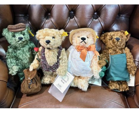 Four Steiff Teddy Bears, comprising Thursday's Bear, plush green wool with backpack, 9.5'' tall, Friday's Bear. 9.5'' tall, p