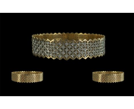 Ladies Superb Quality Hand Made 18ct Gold Diamond Set Bangle, comprising good quality diamonds, well matched and claw set; no