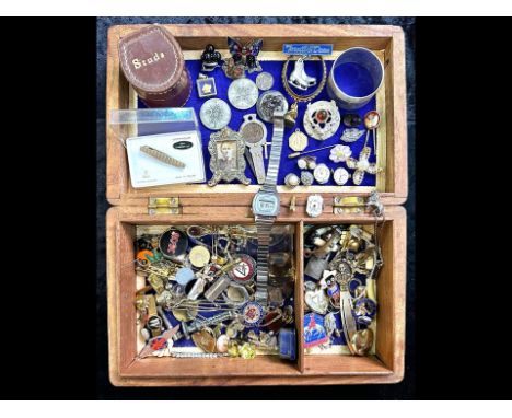 Collection of Collectables. Wooden Box and Collection of Collectables, Includes Silver Coins, Casio Digital Watch, Pin Badges