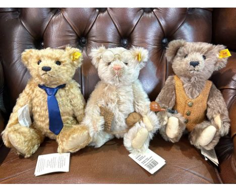 Three Steiff Teddy Bears, comprising Grandpa Bear, plush brown wool with waistcoat, 9.5'' tall, Father Bear. 9.5'' tall, plus