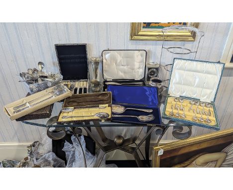 Two Boxes of Silver Plated Ware, including cake stand, boxed serving sets, salad servers, pastry forks, boxed teaspoons and s