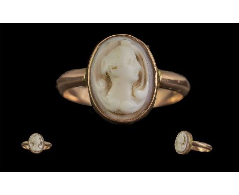 Antique 9ct Rose Gold Mounted White to Pink Cameo Set Ring. c.1900 - 1910. Marked 9ct Gold to Shank. Depicts Ladies Portrait.