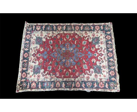 Original Hand Woven Wool Rug, with Aztec design, rectangular shape, central red oval with outer pattern, measures 77'' x 55''
