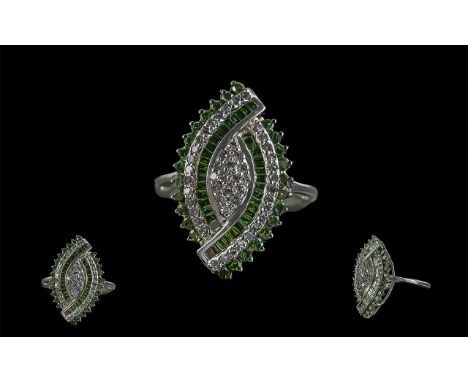 A Vintage Ladies 9ct White Gold Emerald and Diamond Set Dress Ring, Full Hallmark for 9ct to Shank, Pleasing Design, Diamonds