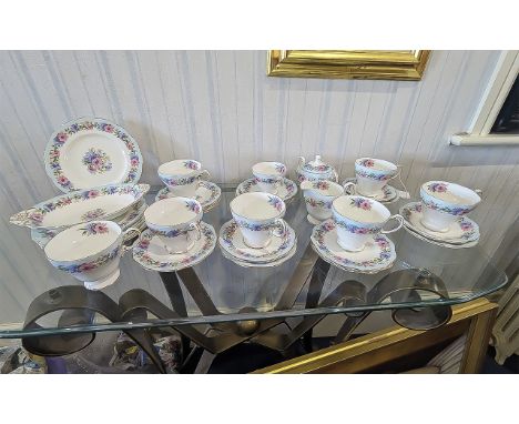 Foley Porcelain Tea Service 'Cornflower', comprising 7 large cups, 1 small cup, 8 saucers, 8 side plates, 6 salad plates, sug