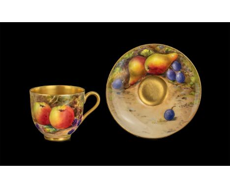 Royal Worcester Signed and Hand Painted Small Cup and Saucer ' Fruits ' Stillife, Apples and Berries, Signed W.H.Austin, Date
