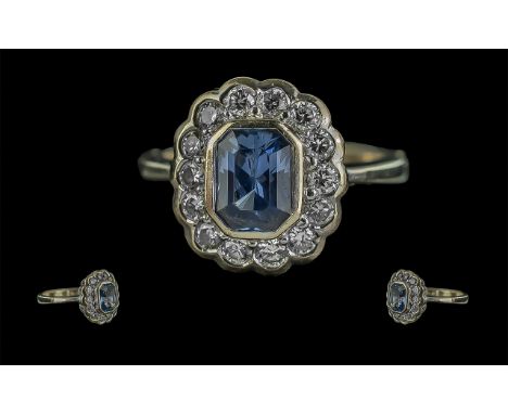 Ladies Excellent and Attractive Aquamarine and Diamond Set Dress Ring. Full Hallmark to Interior of Shank. The Faceted Rectan