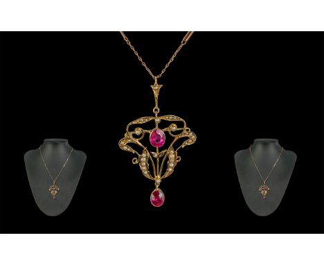 Edwardian Period 1901 - 1910 Attractive 9ct Gold Ruby and Seed Pearl Set Open Worked Pendant Drop / Brooch, With Attached 9ct