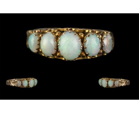 Antique period Attractive Five Stone Opal Set Ring, marked 9ct to shank, the excellent design setting with well matched, oval