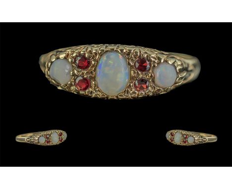 Antique Period 9ct Gold Opal and Garnet Set Ring, Excellent Setting. Full Hallmark to Shank. Opals of Good Colours, Ring Size