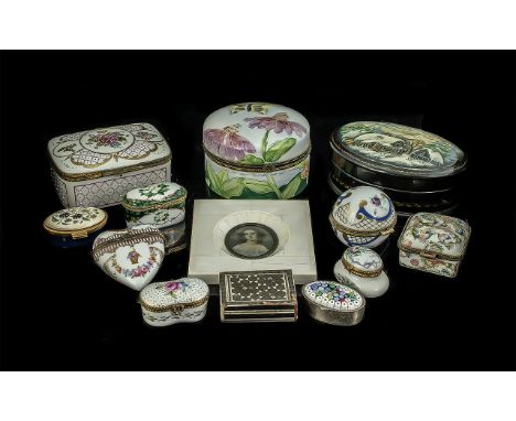 Collection of Antique to Mid Century Hand Painted Porcelain Pots, assorted sizes, comprising trinket boxes, pill boxes, heart