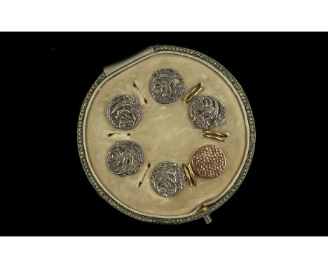 Art Nouveau Set of 5 Sterling Silver Stylish Buttons and One Gold Planished Button, All with Full Hallmarks, Gold Button Mark