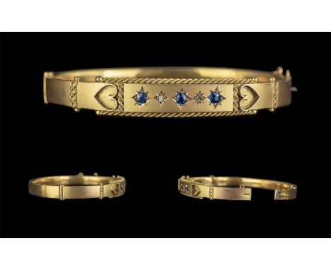 Victorian Period 1837 - 1901 Pleasing Design 9ct Gold Sapphire and Diamond Set Hinged Bangle, Marked 9.375. Blue Sapphire of 